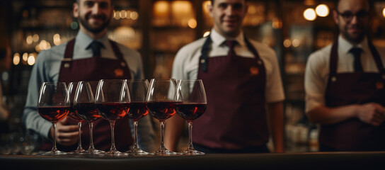 Fototapeta na wymiar Masterclass by sommeliers in luxury restaurant. Wine and Dine Concept.