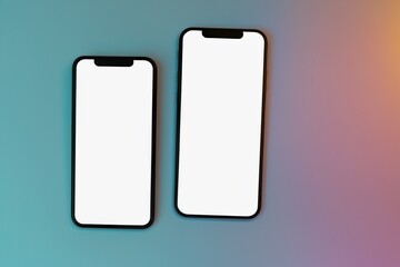 Smartphone mockup with blank white screen on blue and orange background Generated image