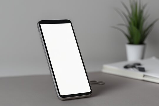 Smartphone mockup with blank white screen on blue and orange background Generated image