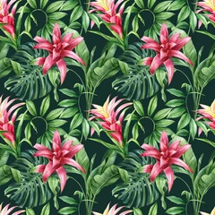 Tuinposter Tropical seamless pattern, Leaves and flowers, tropic plants on white background, watercolor botanical illustration © Hanna