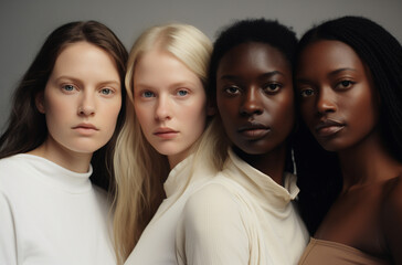 Obraz premium Beautiful young multiethnic women with natural makeup. Advertising for Fashion, Woman Rights, Beauty Salon, Cosmetics, face and body skin care.