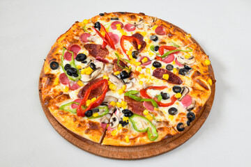 Delicious mixed pizza with rich content. Menu concept of choice and diversity. Pepperoni, Formaggi, Veggie, Karisik pizza