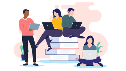 Student and education group - Team of people studying and doing school work using computers and sitting on stack of books. Flat design vector illustration with white background - obrazy, fototapety, plakaty