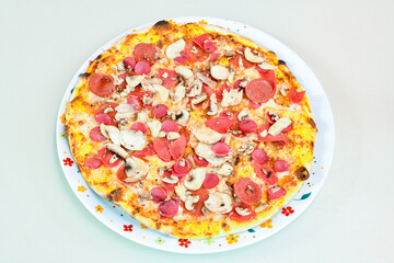 Delicious mixed pizza with rich content. Menu concept of choice and diversity. Pepperoni, Formaggi, Veggie, Karisik pizza