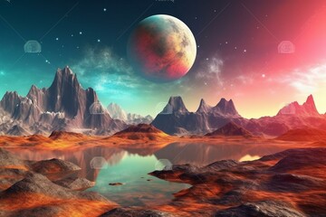 Fantasy exoplanet landscape in space. Generative AI