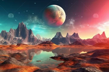 Keuken spatwand met foto Fantasy exoplanet landscape in space. Generative AI © Saffron