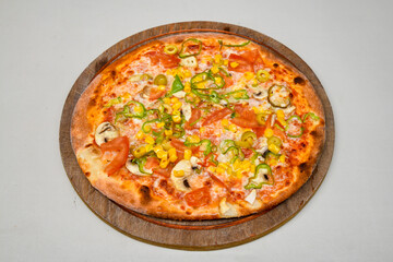 Delicious mixed pizza with rich content. Menu concept of choice and diversity. Pepperoni, Formaggi, Veggie, Karisik pizza