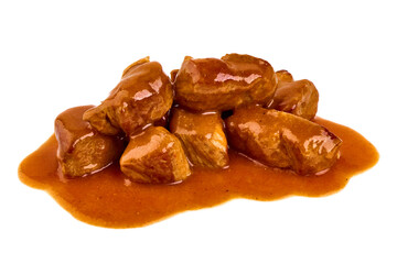 Stewed pork goulash, isolated on white background.