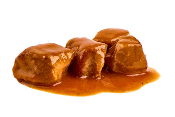 Meat stew, goulash with sauce, isolated on white background.