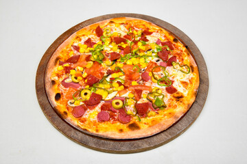 Delicious mixed pizza with rich content. Menu concept of choice and diversity. Pepperoni, Formaggi, Veggie, Karisik pizza