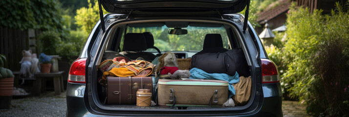 Open trunk of a car with suitcases and belongings, moving to another accommodation, moving out of a student's home or traveling concept, banner - obrazy, fototapety, plakaty