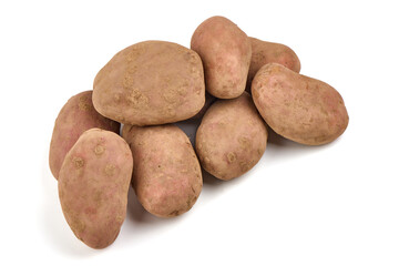 Unwashed potatoes, isolated on white background.