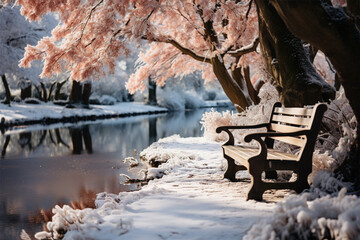 bench under blooming snow-covered trees.beautiful winter landscape.unexpected snow in the spring 