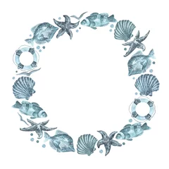 Fotobehang Sea animals wreath, frame, illustration. Sea, ocean. Fish, shells, starfish, seagulls. Lifebuoy. Wreath isolated. Blue, gray colors. Marine style. For cards, stickers, invitations, posters. © Сабина Жуковец
