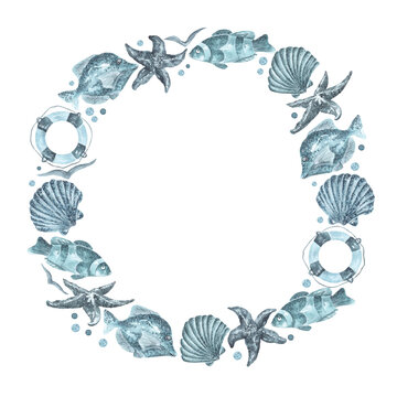 Sea animals wreath, frame, illustration. Sea, ocean. Fish, shells, starfish, seagulls. Lifebuoy. Wreath isolated. Blue, gray colors. Marine style. For cards, stickers, invitations, posters.