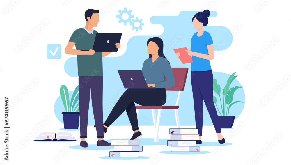 Poster Studying group - Young team of student people working together on school work using books and laptop computers. Education and learning concept in flat design vector illustration with white background