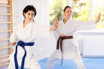 Women in kimonos are focusing on their hand punch training, refining their striking techniques.