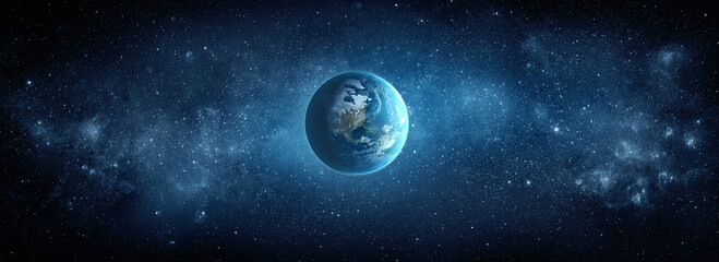 Obraz premium Panoramic view of the Earth, stars and galaxy. Planet Earth, view from space. Space fantasy. Elements of this image furnished by NASA.