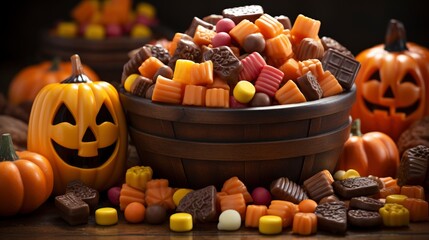 Naklejka premium Halloween Basket Portrait Child Sweets Candy, Bright Background, Background Hd