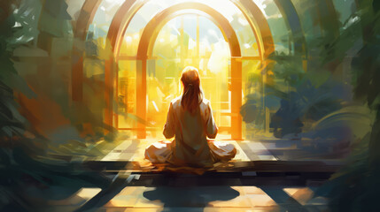 illustration a yogi meditates in the radiant silence of a temple	
