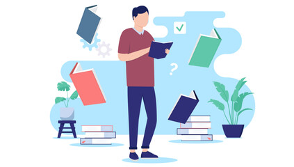 Student reading books - Male person standing, studying, learning and gaining knowledge. Education concept in flat design vector illustration with white background - obrazy, fototapety, plakaty