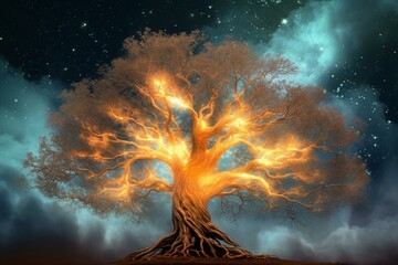 Stunning luminous tree embodying vitality amidst a majestic sky. Generative AI - obrazy, fototapety, plakaty