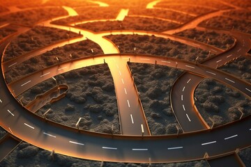 Choices on a road: pitfalls and benefits. Decision-making and options. 3D illustration. Generative AI