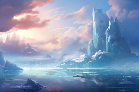 A scenic image of a water body with floating icebergs, sunlight piercing through clouds, and a dynamic cloud-filled sky. Generative AI