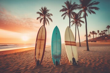 Surfboards on a sandy beach with palm trees in the background. Pastel sunset colors, retro style. Generative AI - obrazy, fototapety, plakaty