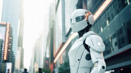 Employee robot walking with peoples. humanoid AI robot crossing street. future automation job.