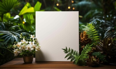 White Canvas Mockup in Vibrant Green Foliage with Colorful Flowers in Natural Setting.