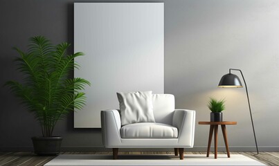 Fototapeta premium Blank canvas for Minimalist living room mockup with contemporary furniture and greenery.