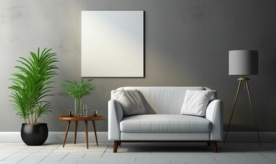 Blank canvas for Minimalist living room mockup with contemporary furniture and greenery.