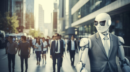 Fototapeta premium Employee robot walking with peoples. humanoid AI robot crossing street. future automation job.