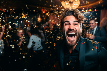 A man at the best New Year's Eve party, - obrazy, fototapety, plakaty