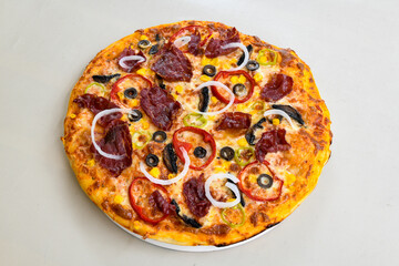 Delicious mixed pizza with rich content. Menu concept of choice and diversity. Pepperoni, Formaggi, Veggie, Karisik pizza