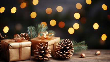 Empty wooden table with Christmas theme in the background