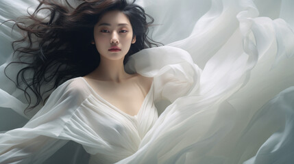 Close-up portrait of a young beautiful Asian woman in a white dress. Women's beauty and fashion.