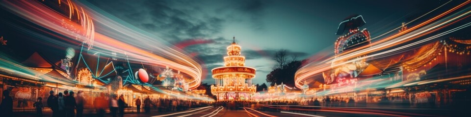 Fototapeta na wymiar Amusement park in the evening. Long exposure, motion blur. Rest, holidays and entertainment.