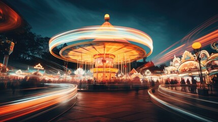 Amusement park in the evening. Long exposure, motion blur. Rest, holidays and entertainment.