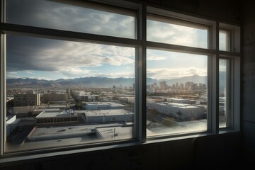the future urban landscape viewed from a window. Generative AI