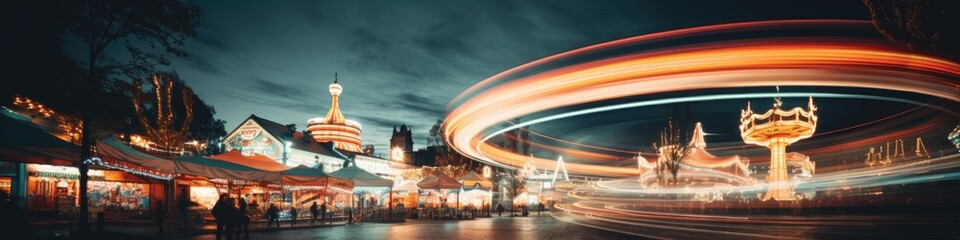 Amusement park in the evening. Long exposure, motion blur. Rest, holidays and entertainment.