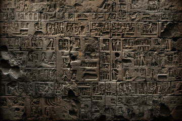 Cuneiform or Egyptian hieroglyphs of Ancient civilization carved on dark stone wall. Undeciphered signs like Sumerian and Babylonian writing. Concept of mystery, old script, puzzle - obrazy, fototapety, plakaty