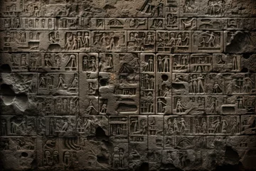 Foto op Canvas Cuneiform or Egyptian hieroglyphs of Ancient civilization carved on dark stone wall. Undeciphered signs like Sumerian and Babylonian writing. Concept of mystery, old script, puzzle © scaliger