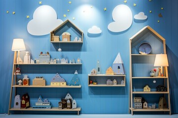 Product display on podium in blue-walled children's room. Generative AI