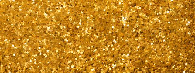 Golden treasure texture background, wide banner with many gold particles. Abstract pattern of shiny circles like coins, luxury effect. Theme of celebration, confetti, festive design