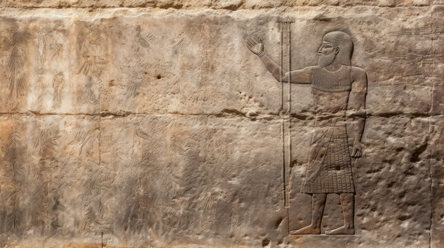 Sumerian wall art background, relief of warrior carved in stone in Middle East. Artifact of Ancient Babylonian and Assyrian civilization in Mesopotamia, history of Iraq, Babylon
