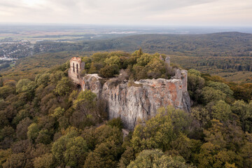 Fototapeta na wymiar Aerial drone photo of the old Pajstun Castle ruins in autumn, Slovakia
