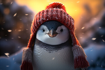 portrait of a penguin in a hat in a snowy landscape.