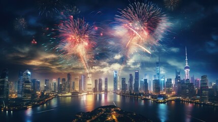 Fototapeta premium Festive fireworks over the metropolis. Holidays and events.